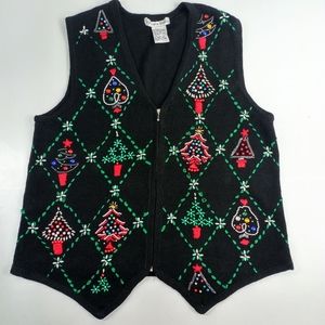 Victoria Jones Holiday Zip-Up Sweater Vest Embellished  Xmas Trees Black Large